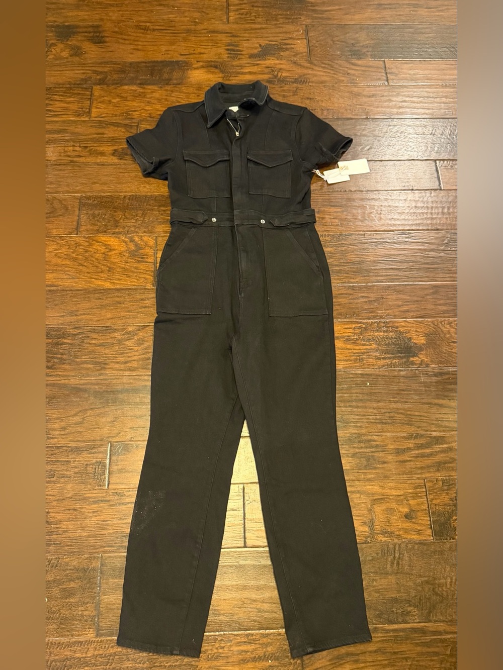 Good American Fit for Success Denim Jumpsuit Washed Black Short Sleeve Utility L